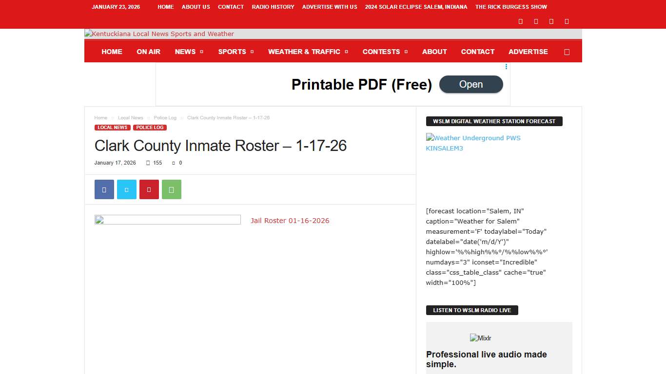 Clark County Inmate Roster – 1-17-26 WSLM RADIO